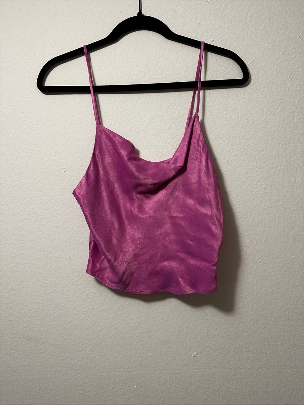Pink Satin Cowl Neck Spaghetti Strap crop Tank Top
